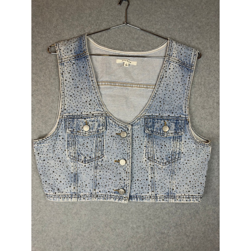 PacSun Rhinestone Embellished Denim Vest Light Wash Cropped V-Neck Large